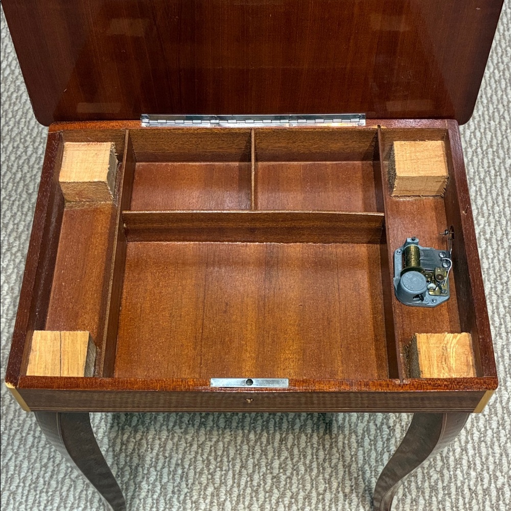 Vintage Italian Music Jewelry Table w Inlaid Marquetry; Swiss Music-'Love Story' - Picture 14 of 16
